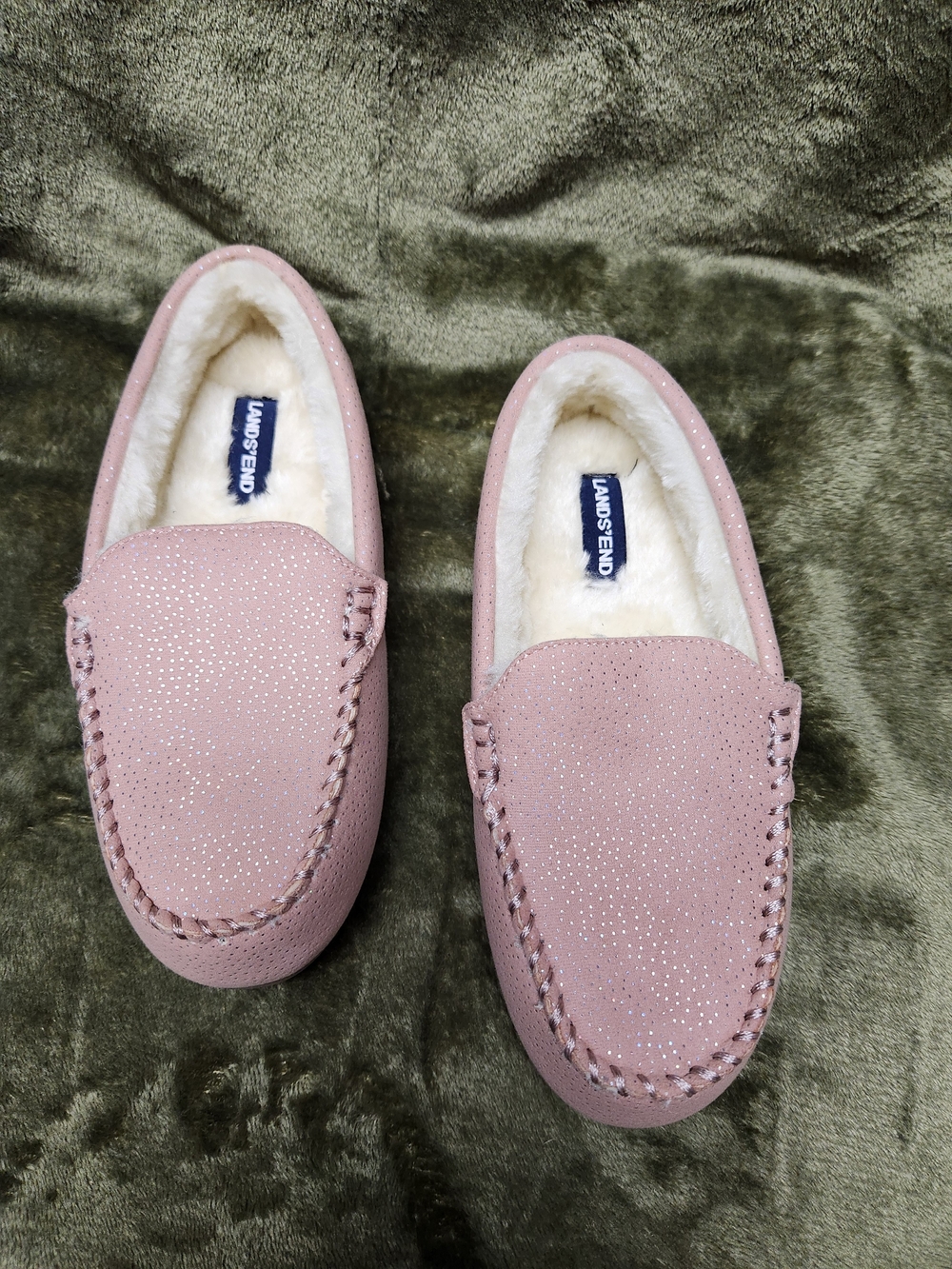 Lands' End Dusty Pink Sparkle Faux-Fur Lined Girl's Moccasins